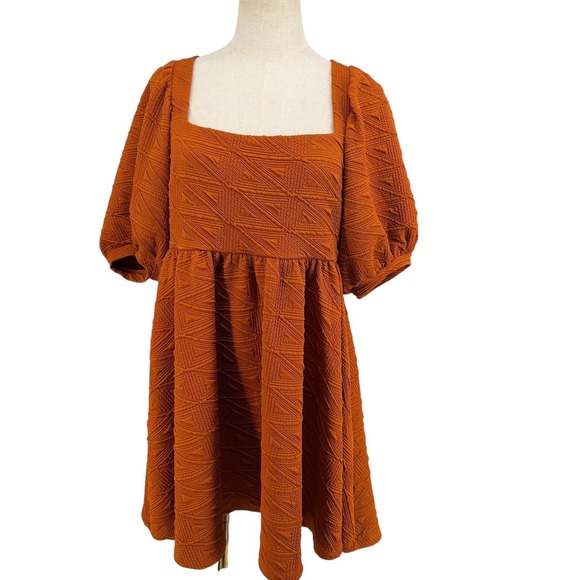 Free People Mini Dress Boho M Orange Textured Puff Sleeve Tie Back Square Neck - Picture 3 of 10